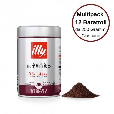 Illy Caffe' Macinato Espresso Tostato Intenso 100% Arabica Macinato Multipack da 12 Barattoli da 250 Grammi 