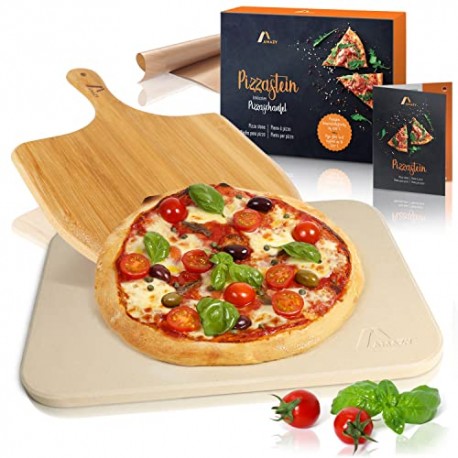 Amazy Pietra Refrattaria per Pizza da Forno, incl. PALA pizza e RICETTARIO–Pietra per Cottura Pizza dal sapore italiano (38x30