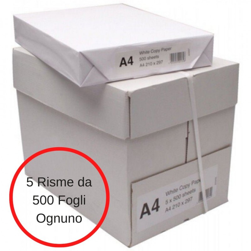 Carta A4 Bianca Per Stampanti e Fotocopiatrici 5 Risme da 500 Fogli Ognuno  - Buonitaly