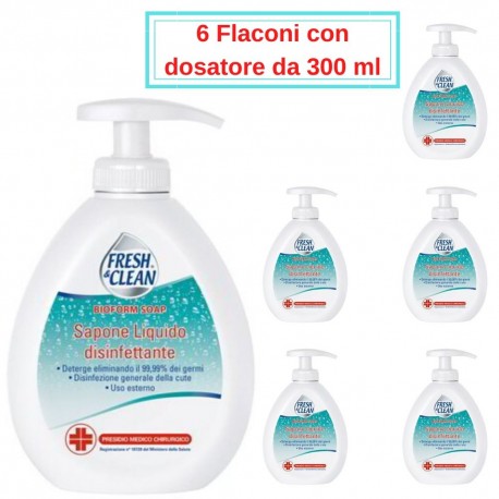 Fresh&Clean Sapone Liquido Disinfettante 6 Flacon da 300 ml Con Dosatore -  Buonitaly