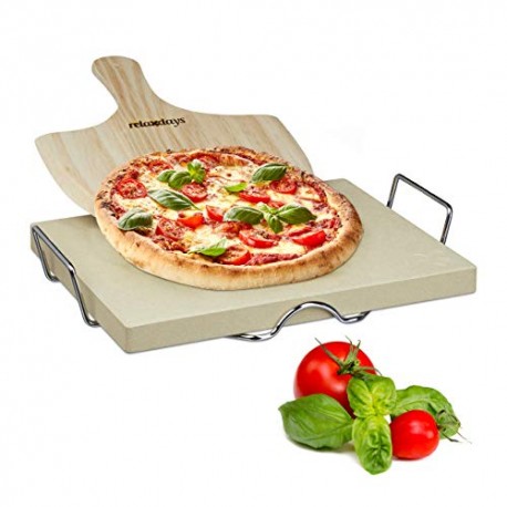 Relaxdays Set Pietra Ollare e Pala per Pizza, Legno, Beige, 31.5x43x7 cm -  Buonitaly