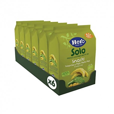 Hero Solo Snack Piselli e Mais, 100% Biologico, senza glutine, non fritti, dai 10 mesi in su - Cartone da 6 confezioni x 50 g